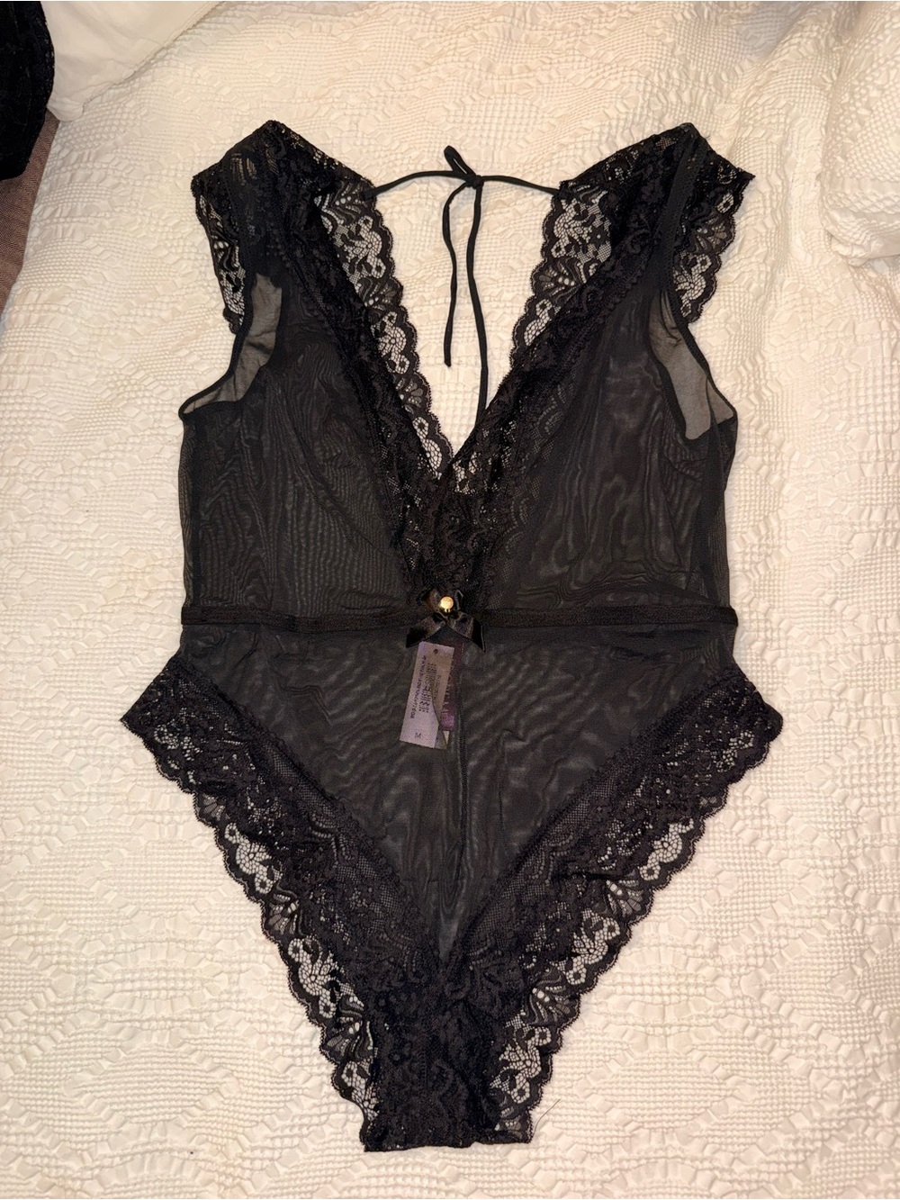 Adore Me Black Lace Deep V Teddy Bodysuit